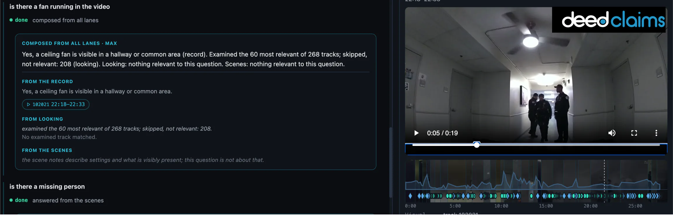 A claim file open in DeedClaims. On the left a question has been answered from the record, with the source sentence quoted underneath and the timecode it came from shown as a citation. On the right the surveillance video is paused at that moment, above a timeline marking every point in the recording the answer drew on.
